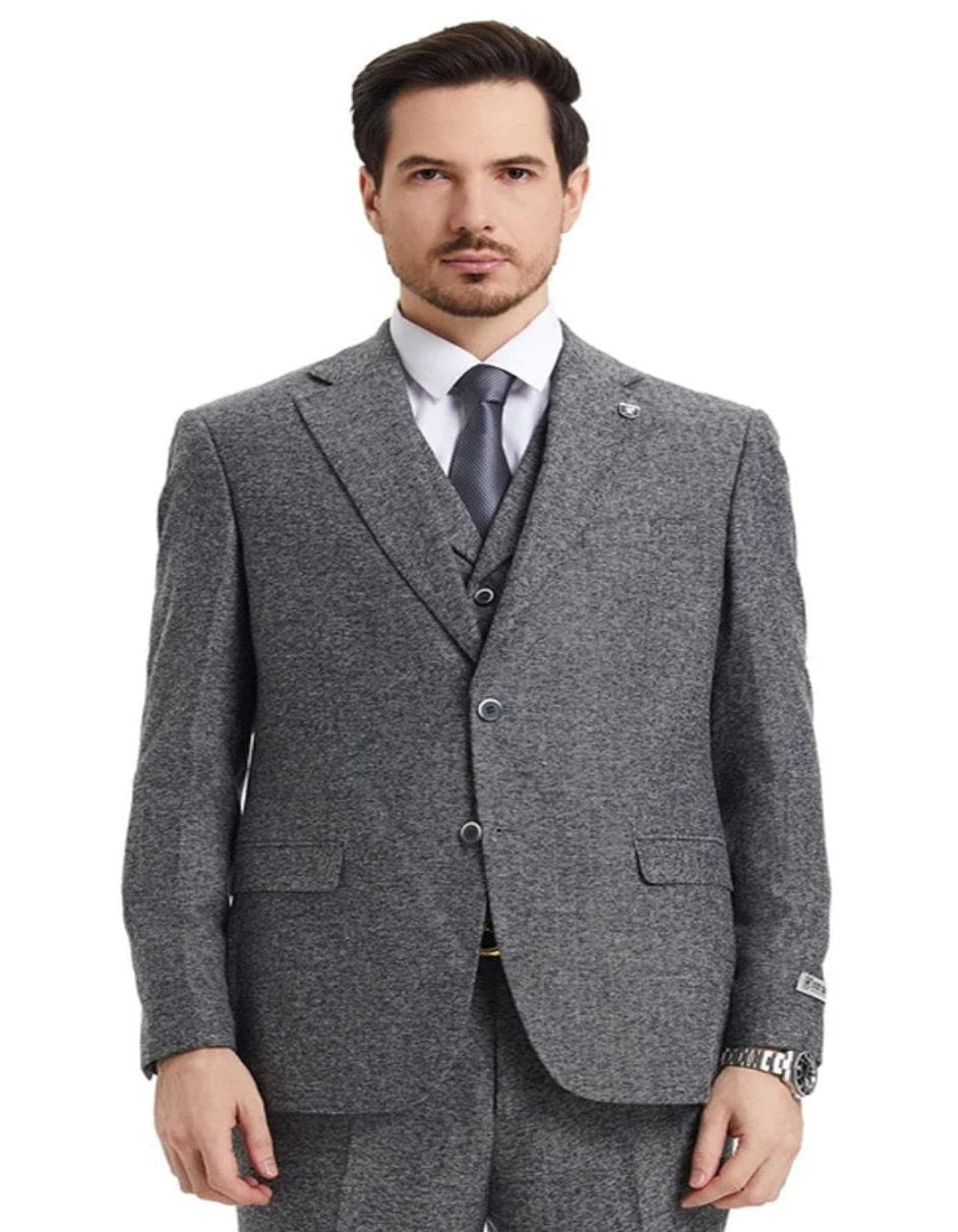 Tweed Suit 1920s Vintage Looking Fabric Vested Suit - Grey Tweed Herringbone Fabric - Men's Tuxedo USA