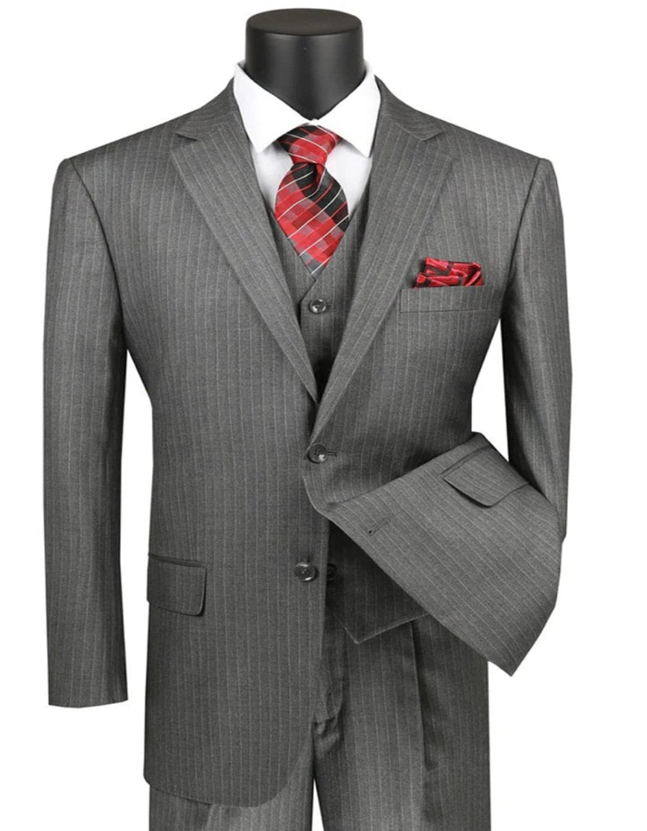 Pleated Dress Men Suits - Mens Classic Fit Vested Banker Pinstripe Grey Suit