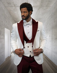 Statement Men'S White With Burgundy Peak Lapels Vested Tuxedo With Bow Tie - Men's Tuxedo USA