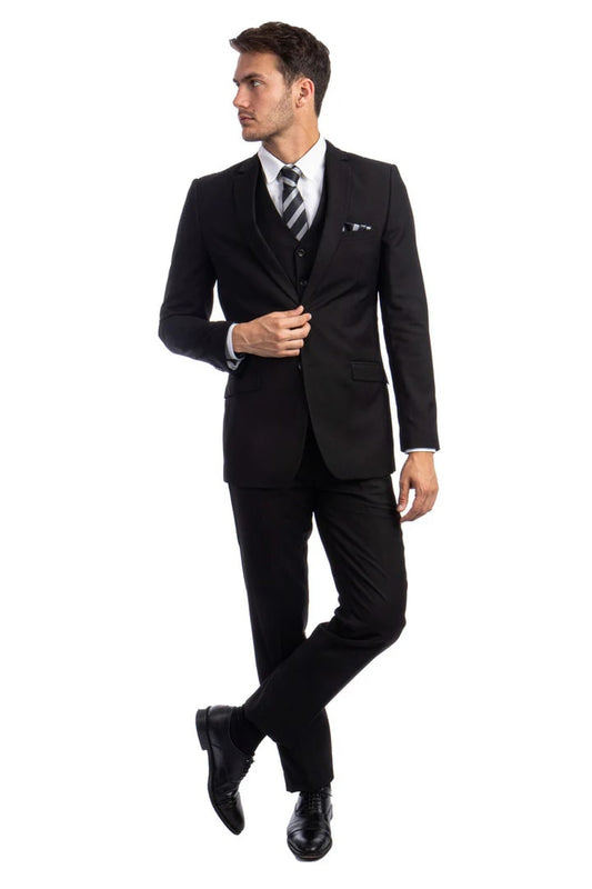 Men's Two Button Basic Hybrid Fit Vested Suit in Black - Men's Tuxedo USA