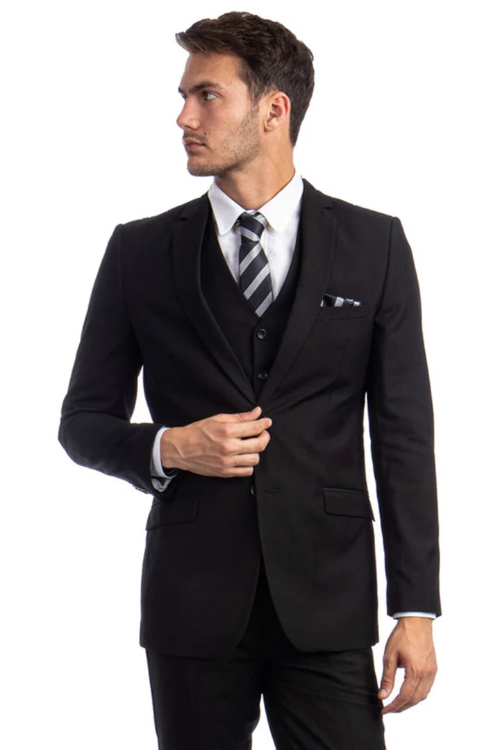 Men's Two Button Basic Hybrid Fit Vested Suit in Black - Men's Tuxedo USA