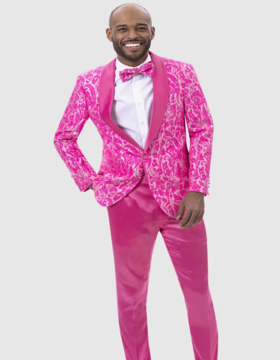 Mens Slim Fit Two Piece Brocade Paisely Prom Hot Pink Fuschia Tuxedo - Men's Tuxedo USA