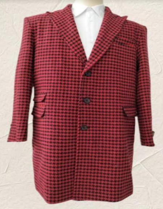 Houndstooth Overcoat - Houndstooth Topcoat - Houndstooth Checker Car Coat - Peak Lapel Red - Men's Tuxedo USA