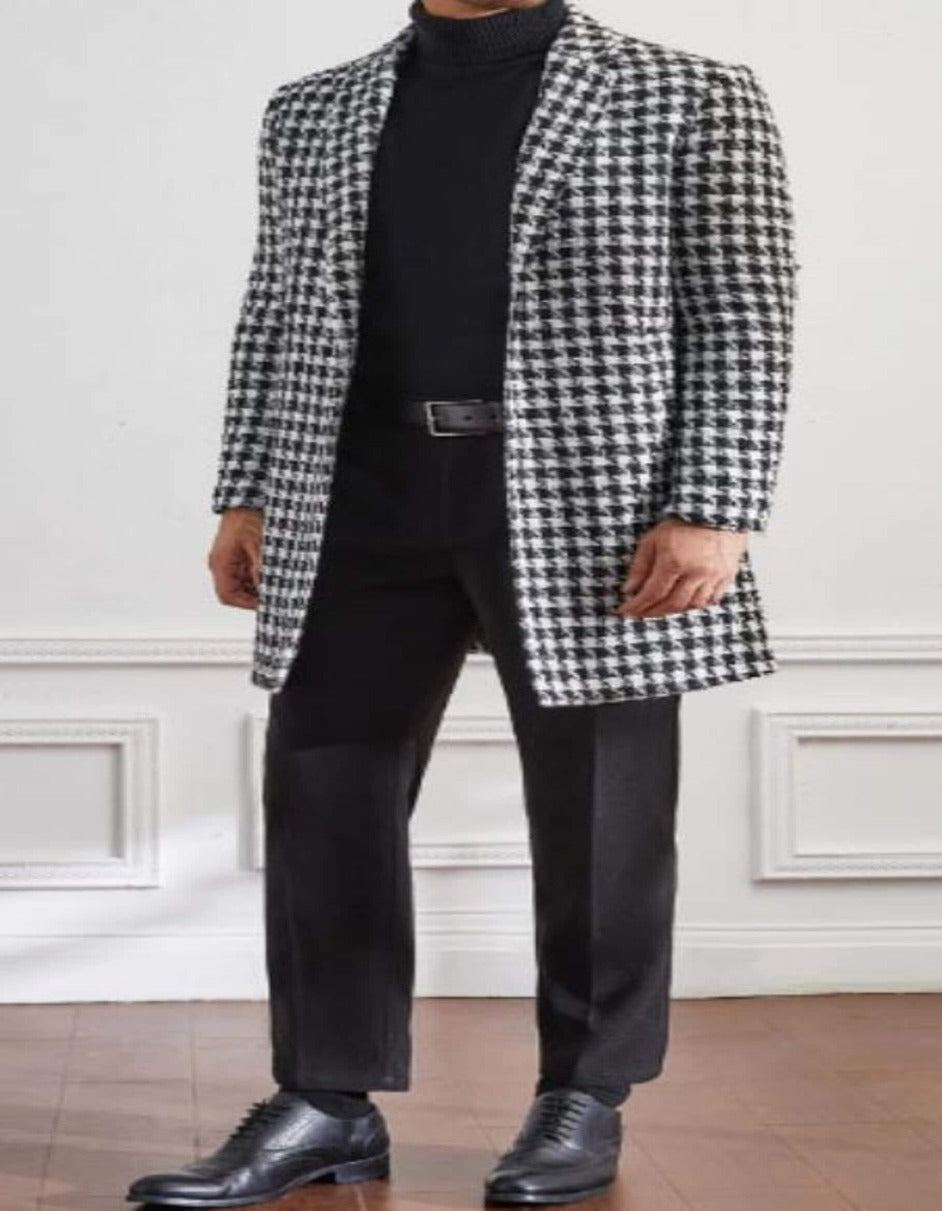 Mens Overcoat - Topcoat For Men - Winter Fabric - Men Houndstooth Lapel Collar Single Breasted Tweed Overcoat - Men's Tuxedo USA