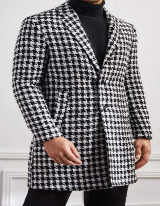 Mens Overcoat - Topcoat For Men - Winter Fabric - Men Houndstooth Lapel Collar Non Stretch Fabric Overcoat - Men's Tuxedo USA