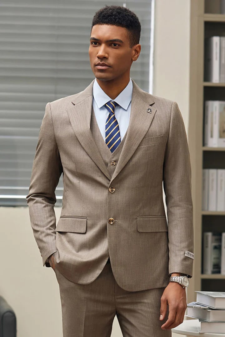 Men's Stacy Adam's Two Button Vested Sharkskin Business Suit in Dark Tan - Men's Tuxedo USA