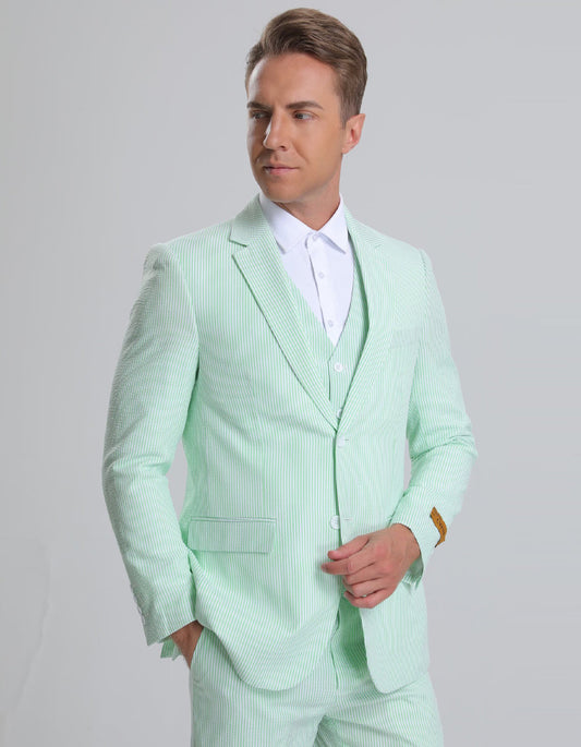 Mens Vested Summer Seersucker Suit in Green Pinstripe - Men's Tuxedo USA