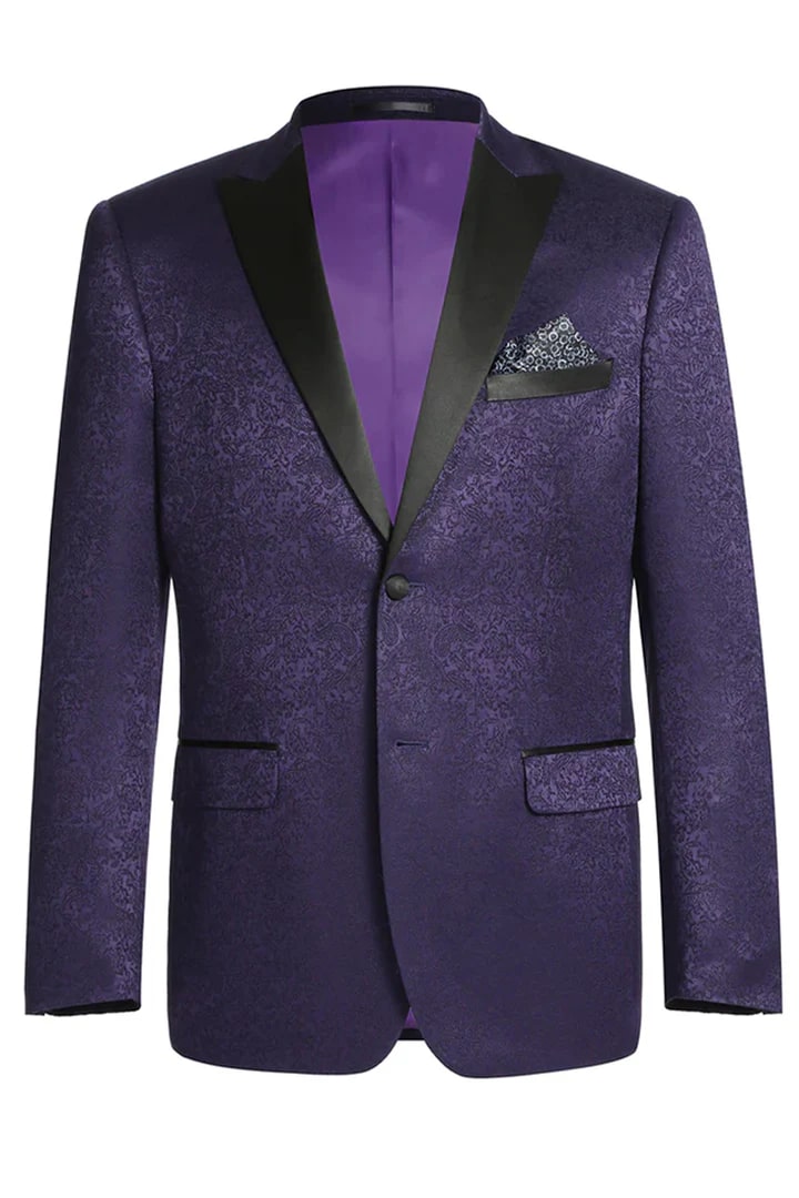 Mens Two Button Peak Lapel Paisely Prom Tuxedo Blazer In Purple - Men's Tuxedo USA