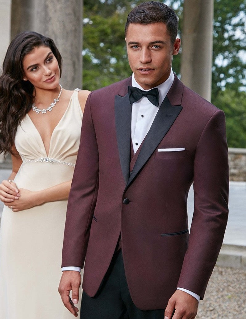 Mens Designer Marbella One Button Peak Tuxedo in Burgundy - Men's Tuxedo USA