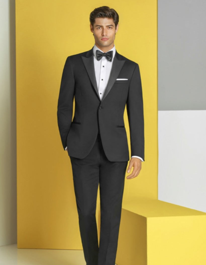 Mens Designer Slim Fit One Button Peak Tuxedo in Black - Mens Slim Fitted Tuxedo - Men's Tuxedo USA