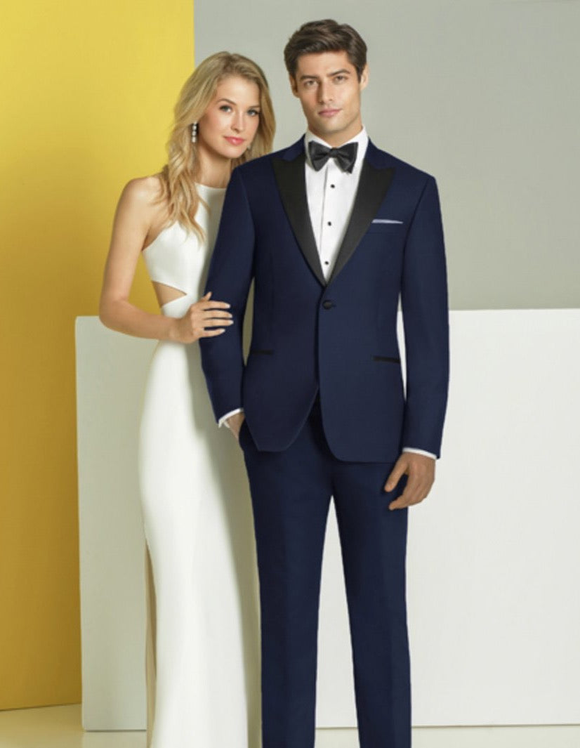 Mens Designer Slim Fit One Button Peak Wedding Tuxedo in Navy - Men's Tuxedo USA