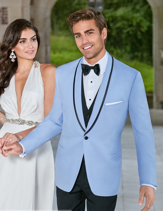 Mens Designer Satin Trim Valencia Tuxedo in Sky Blue - Men's Tuxedo USA