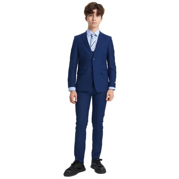 Exclusive Stacy Adams 5pc Boys Suit Solid Slim Fit, Indigo - Men's Tuxedo USA