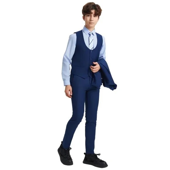 Exclusive Stacy Adams 5pc Boys Suit Solid Slim Fit, Indigo - Men's Tuxedo USA