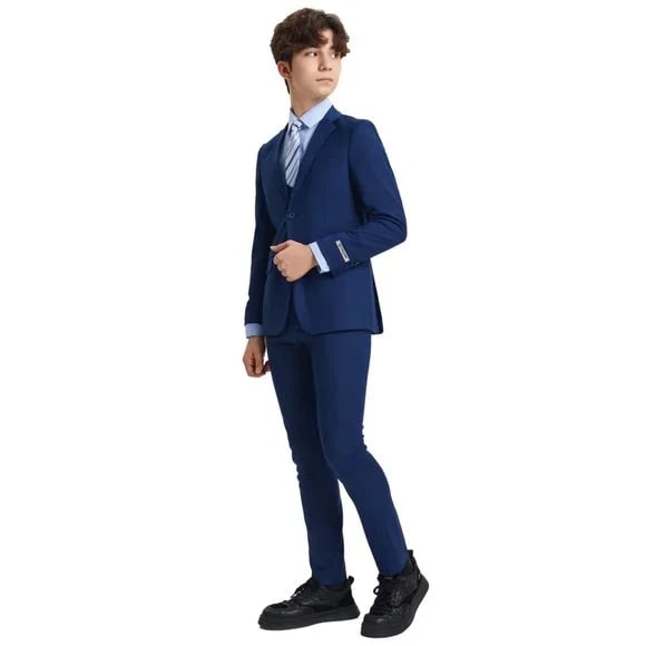 Exclusive Stacy Adams 5pc Boys Suit Solid Slim Fit, Indigo - Men's Tuxedo USA