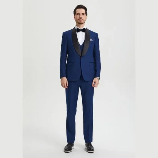 Stacy Adams 3pc Tuxedo Shawl Lapel, Blue Indigo - Men's Tuxedo USA