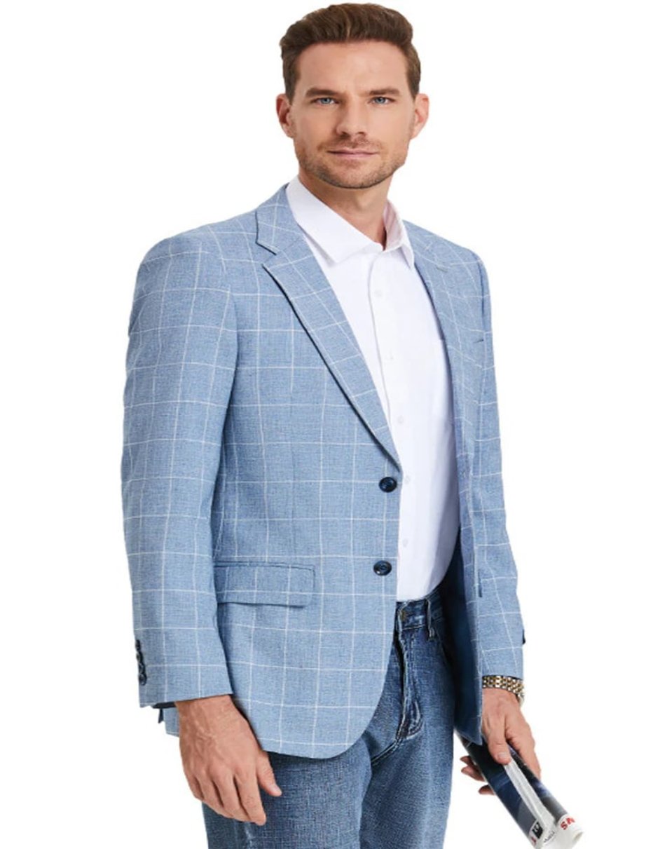 Men's Slim Fit Business Casual Summer Light Blue Windowpane Plaid Blazer - Men's Tuxedo USA