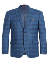 Mens Two Button Slim Fit Sport Coat Indigo Blue Windowpane Plaid Blazer - Men's Tuxedo USA