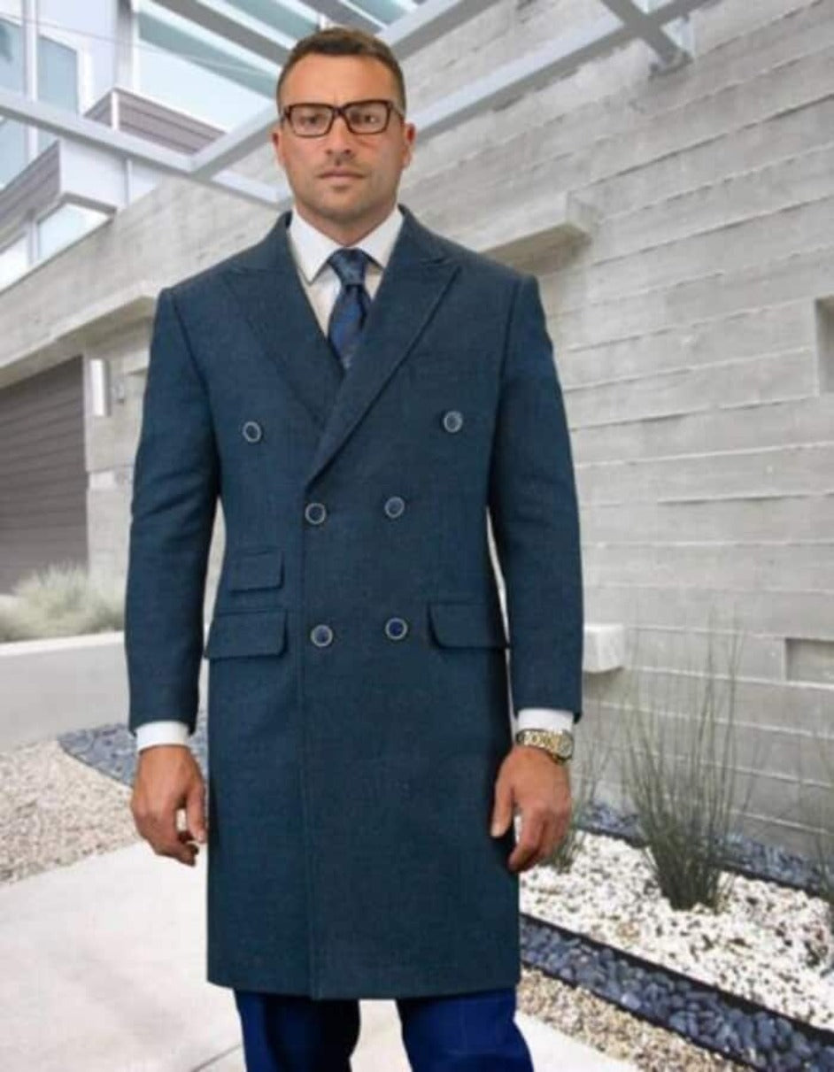 Mens Overcoat - Topcoat For Men - Winter Fabric - Statement Double Breasted Indigo Overcoat - Men's Tuxedo USA