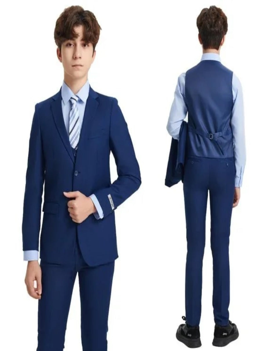 Exclusive Stacy Adams 5pc Boys Suit Solid Slim Fit, Indigo - Men's Tuxedo USA