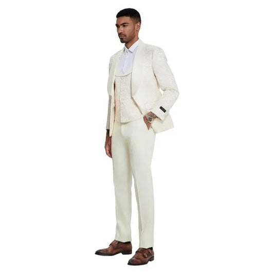 2024 Ivory Paisley 3pc Men's Suit Tuxedo by Tazzio - Men's Tuxedo USA