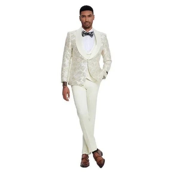 2024 Ivory Shiny Floral Mens 3pc Suit by Tazzio - Men's Tuxedo USA