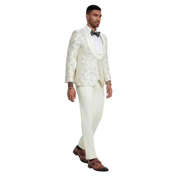 2024 Ivory Shiny Floral Mens 3pc Suit by Tazzio - Men's Tuxedo USA