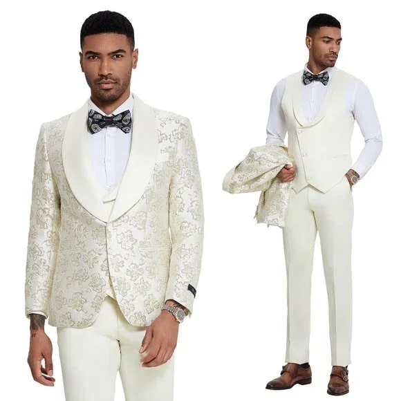 2024 Ivory Shiny Floral Mens 3pc Suit by Tazzio - Men's Tuxedo USA