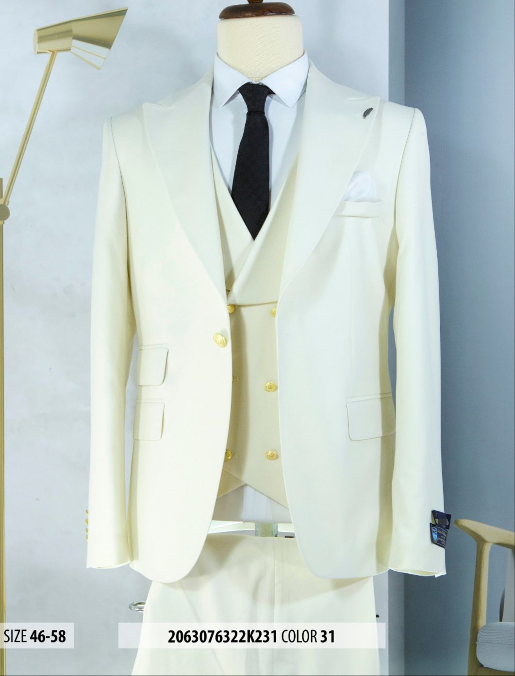 Mens One Button Peak Lapel Vested Wedding Suit with Gold buttons in White - Men's Tuxedo USA