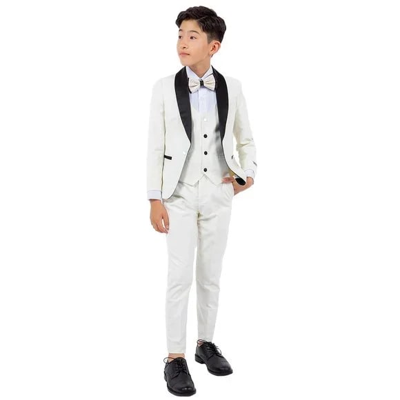 New Stacy Adams Boys Ivory Tuxedo Set, 5-Piece Black Shawl Collar - Men's Tuxedo USA