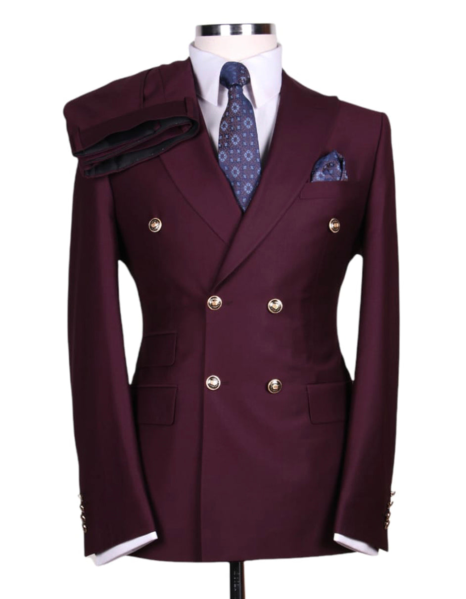 Mens Designer Modern Fit Double Breasted Wool Suit with Gold Buttons in Burgundy - Men's Tuxedo USA