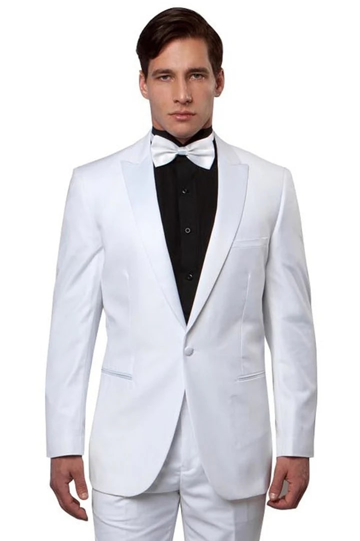 All White Mens Tuxedo -  Wedding Suit - Men's Slim Fit One Button Peak Lapel Wedding Tuxedo In White - Men's Tuxedo USA