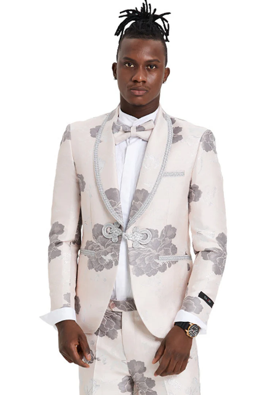 Mens Gray Tuxedo - Grey Wedding Suit-Mens One Button  Vested Shawl Tuxedo In Pink & Silver Paisely With Lace Trim - Men's Tuxedo USA