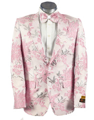 Mens 2 Button Pink, Silver, & White Floral Paisley Prom and Wedding Tuxedo Blazer - Men's Tuxedo USA