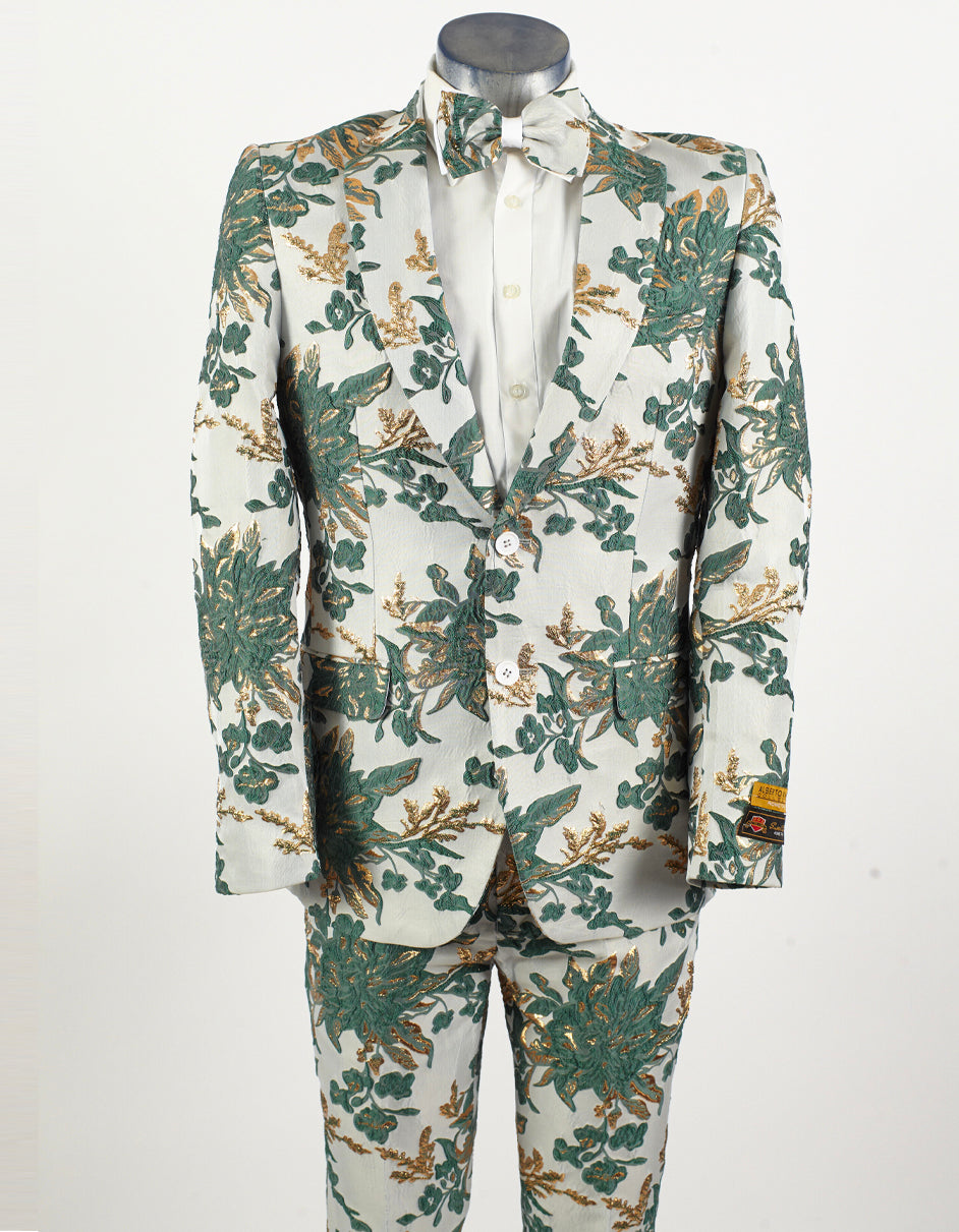 Mens 2 Button Hunter Green & White Floral Paisley Prom and Wedding Tuxedo - Men's Tuxedo USA