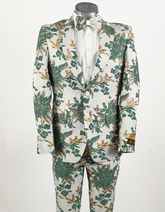 Mens 2 Button Hunter Green & White Floral Paisley Prom and Wedding Tuxedo - Men's Tuxedo USA