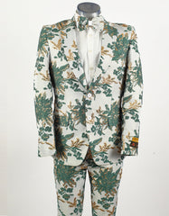 Mens 2 Button Hunter Green & White Floral Paisley Prom and Wedding Tuxedo - Men's Tuxedo USA