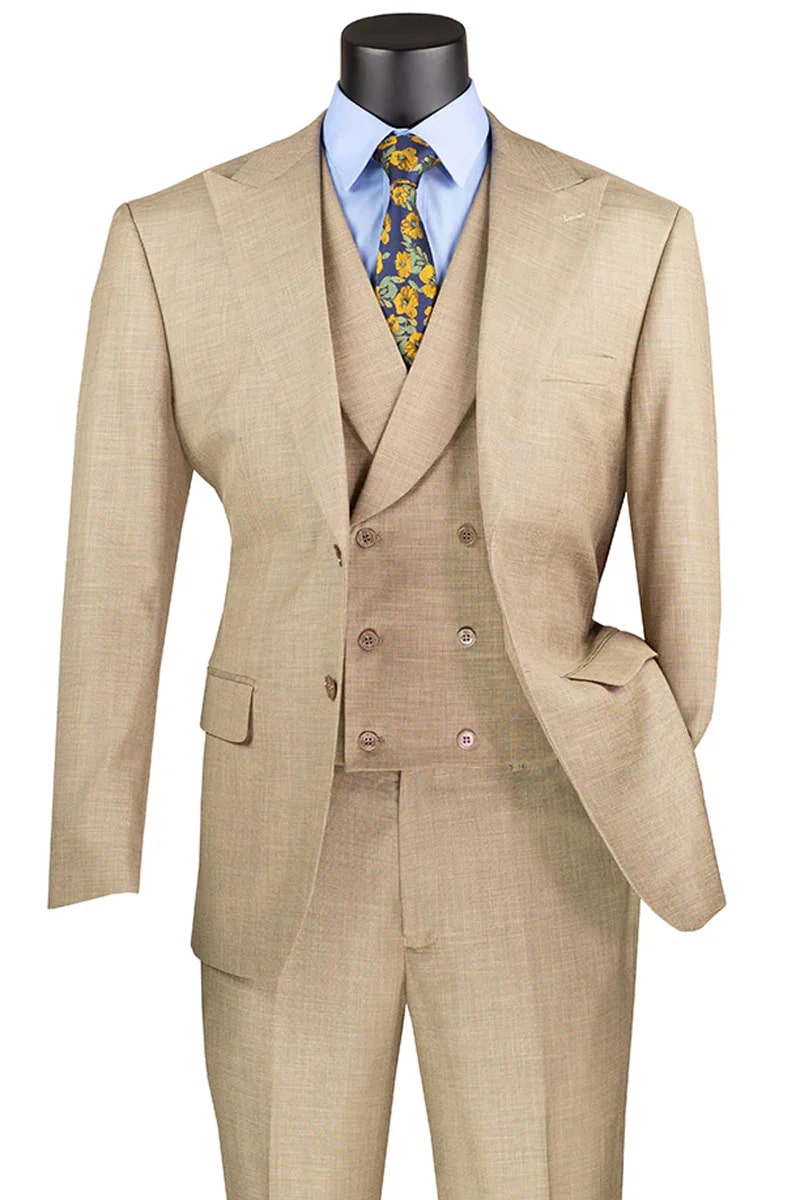 Men's Summer Sharkskin Suit with Double Breasted Vest in Tan - Men's Tuxedo USA