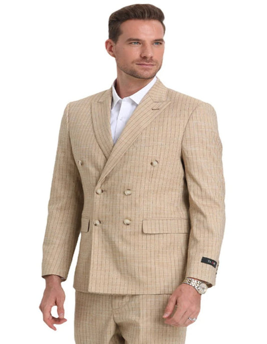 Mens Khaki Color Tuxedo - Mens Slim Fit Double Breasted Khaki Pinstripe Summer Suit - Men's Tuxedo USA