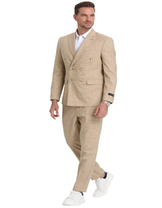 Mens Khaki Color Tuxedo - Mens Slim Fit Double Breasted Khaki Pinstripe Summer Suit - Men's Tuxedo USA