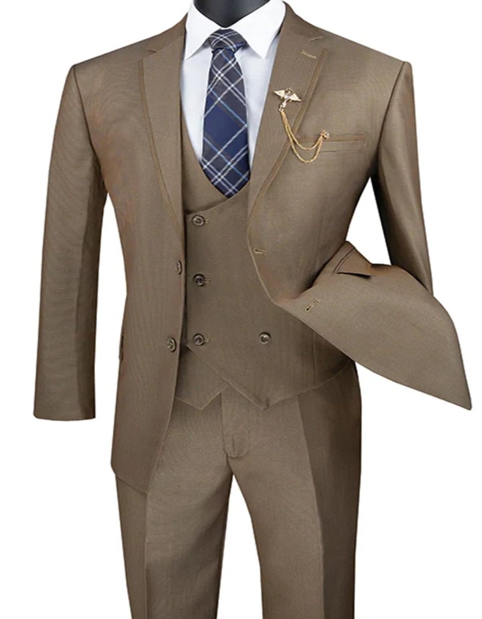 Mens Khaki Color Tuxedo - Mens Modern Fit Tuxedo Suit with Double Breasted Khaki Satin Trim Vest - Men's Tuxedo USA