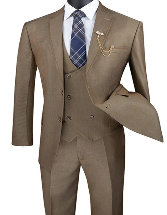 Mens Khaki Color Tuxedo - Mens Modern Fit Tuxedo Suit with Double Breasted Khaki Satin Trim Vest - Men's Tuxedo USA