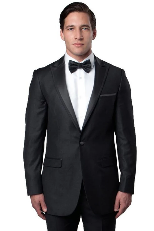 Mens Gray Tuxedo - Grey Wedding Suit-Mens  Skinny Fit  One Button Satin Trim Peak Lapel Prom & Wedding Tuxedo  In Charcoal Grey - Men's Tuxedo USA