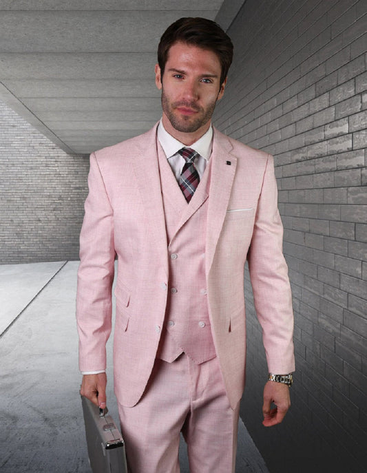 Mens 2 button Slim Fit Suit with Double Breasted Vest in Pink - Men's Tuxedo USA