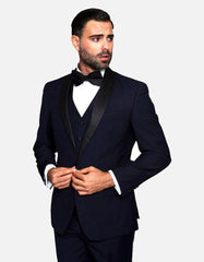 Statement Men's Navy with Black Lapel Vested 100% Wool Tuxedo - Men's Tuxedo USA