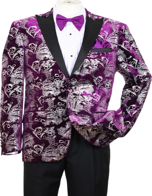 Men's Modern Fit Velvet Floral Paisley Foil Tuxedo Jacket in Purple & Silver - Men's Tuxedo USA