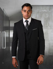 Mens 2 Button Slim Fit Wool Suit With Double Breasted Vest in Black - Men's Tuxedo USA