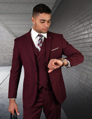 Mens 2 Button Slim Fit Wool Suit With Double Breasted Vest in Burgundy - Men's Tuxedo USA