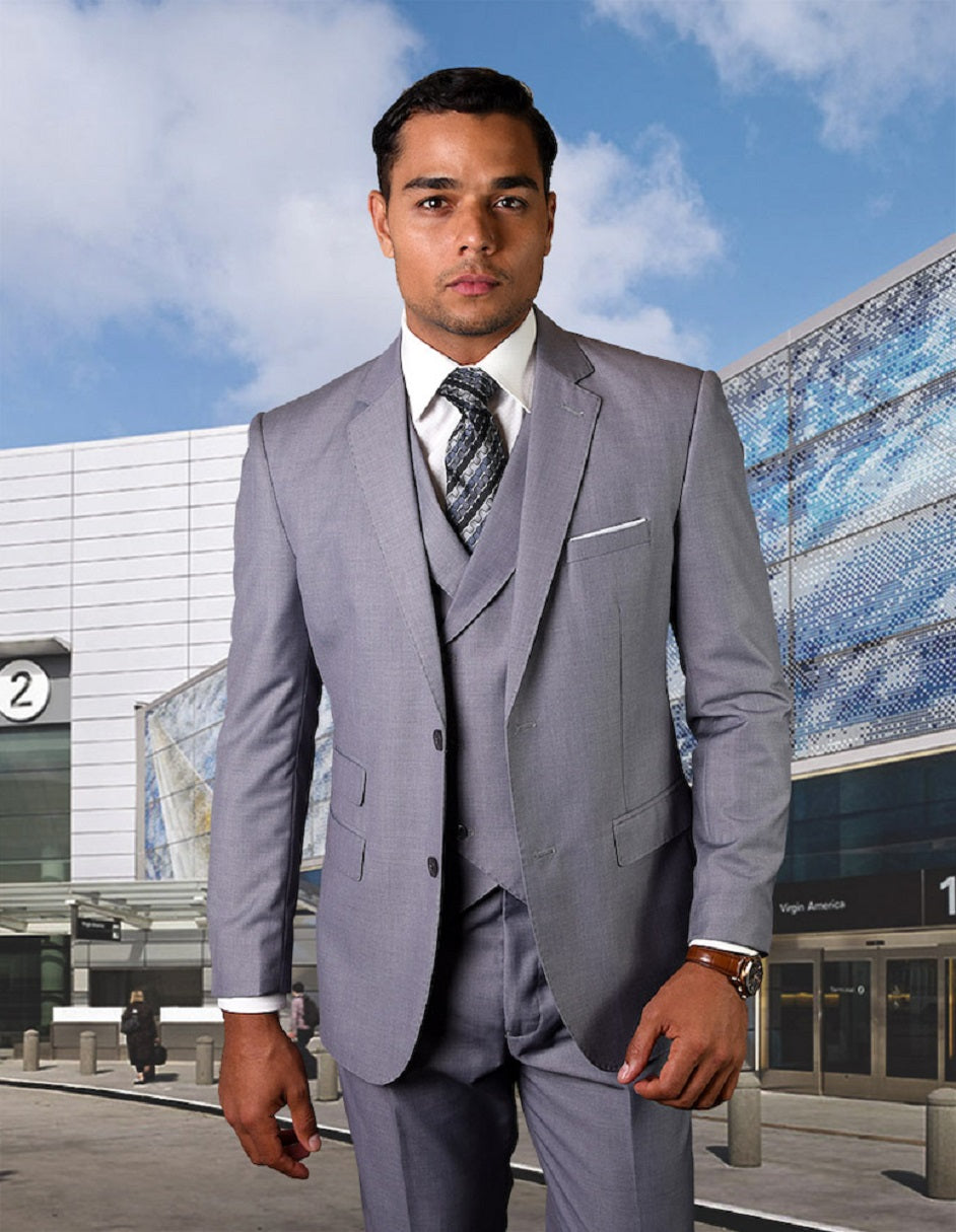 Mens 2 Button Slim Fit Wool Suit With Double Breasted Vest in Grey - Men's Tuxedo USA