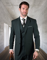 Mens 2 Button Slim Fit Wool Suit With Double Breasted Vest in Hunter Green - Men's Tuxedo USA